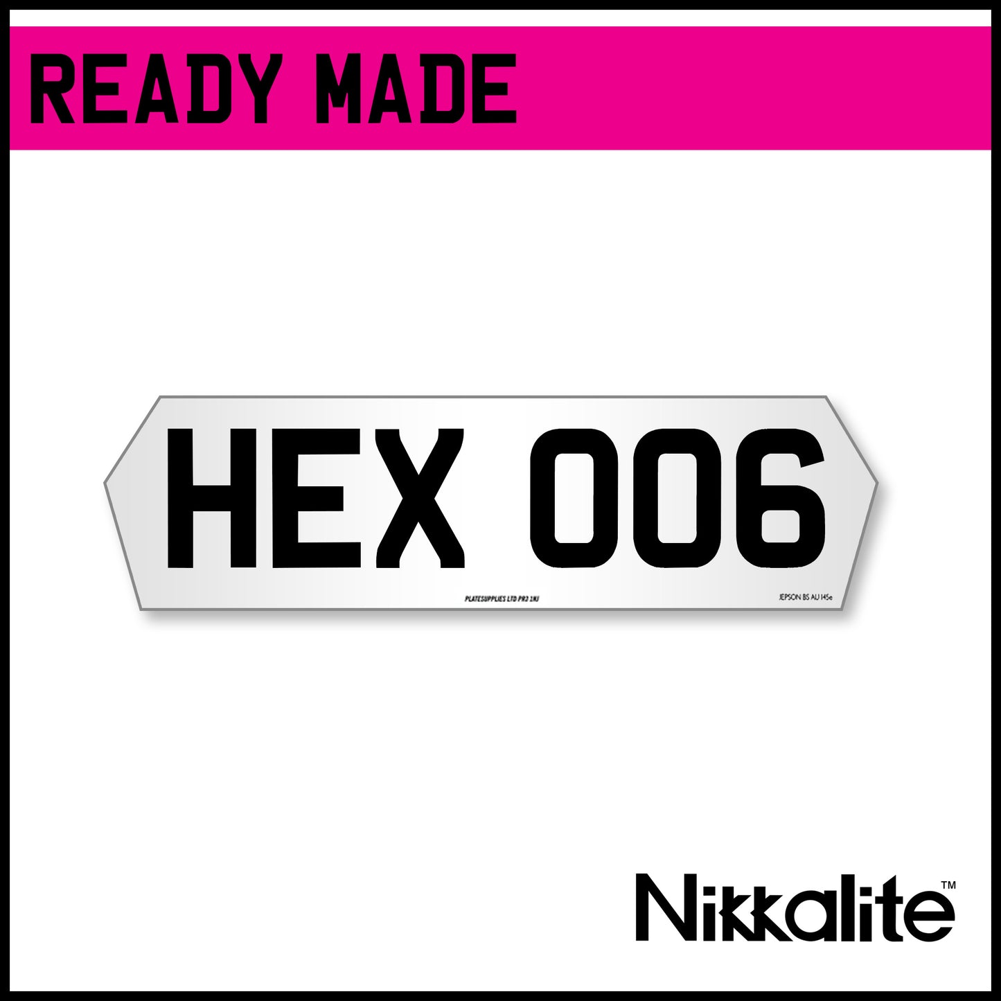 Ready Made White Hex Number Plate with BS Tag - 6 Digit
